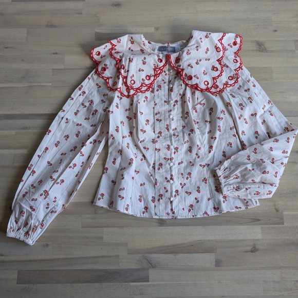 Mint Velvet Strawberry Print Scalloped Collar Blouse Pink/Red Women's Size 6 - Picture 5 of 12